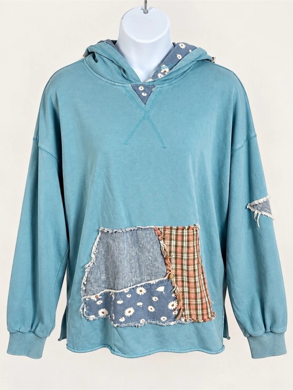 Blue Velvet Patchwork Boho Hoodie Women’s Medium Daisy Floral Distressed